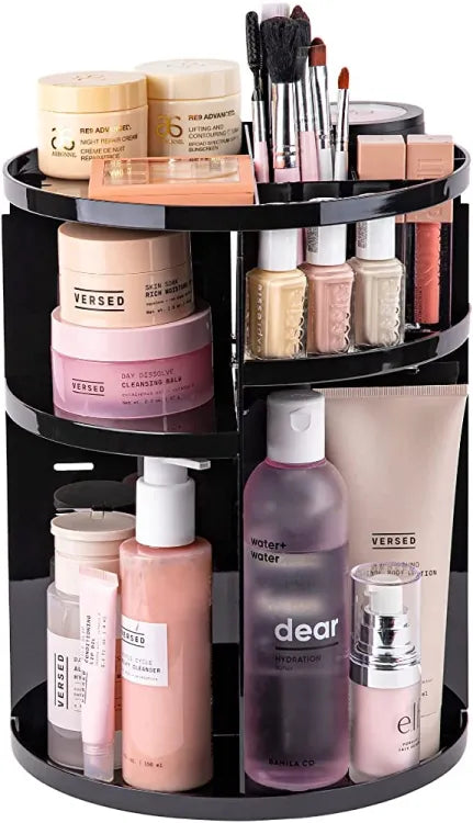 360° Rotating Cosmetic Organizer – Black Makeup Storage Box for Skincare & Beauty Essentials